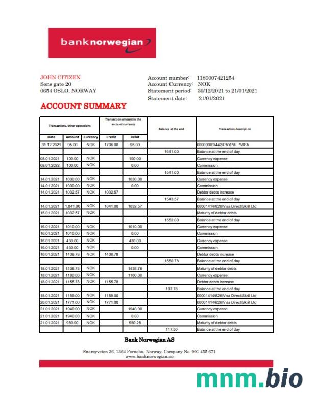 Szablon wyciągu bankowego Norwegii BN w programie Word i PDF